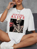 Women'WB shield Skeleton & Letter Print Round Neck Tee, Fashion Casual Crew Neck T-Shirt for Daily Holiday Vacation...