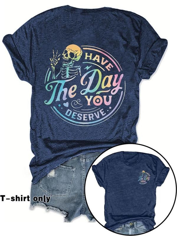 Women'WB shield Skeleton & Letter Print Round Neck Tee, Fashion Casual Crew Neck T-Shirt for Daily Holiday Vacation...