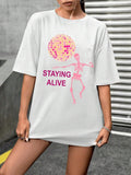 Women'WB shield Skeleton & Letter Print Round Neck Tee, Fashion Casual Crew Neck T-Shirt for Daily Holiday Vacation...