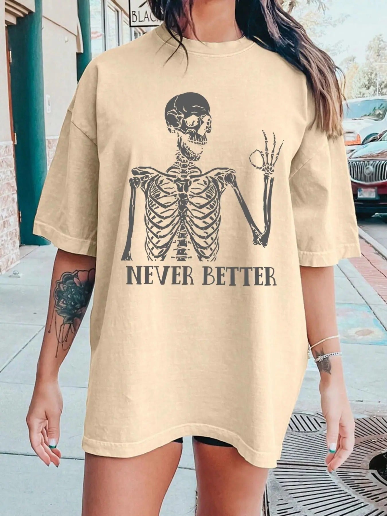 Women'WB shield Skeleton & Letter Print Round Neck Tee, Fashion Casual Crew Neck T-Shirt for Daily Holiday Vacation...