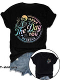 Women'WB shield Skeleton & Letter Print Round Neck Tee, Fashion Casual Crew Neck T-Shirt for Daily Holiday Vacation...