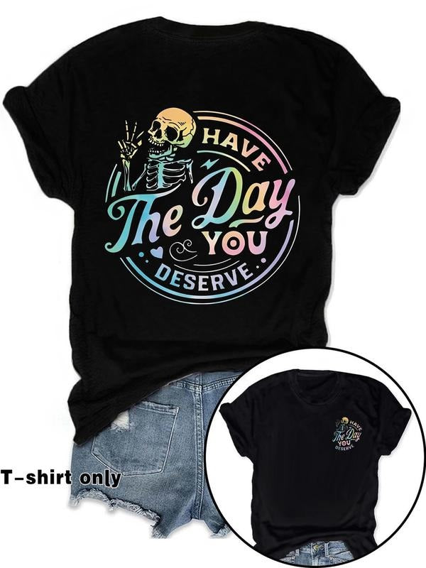 Women'WB shield Skeleton & Letter Print Round Neck Tee, Fashion Casual Crew Neck T-Shirt for Daily Holiday Vacation...