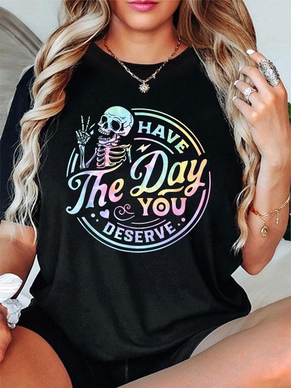 Women'WB shield Skeleton & Letter Print Round Neck Tee, Fashion Casual Short Sleeve T-shirt, Ladies Summer TNF for Daily...