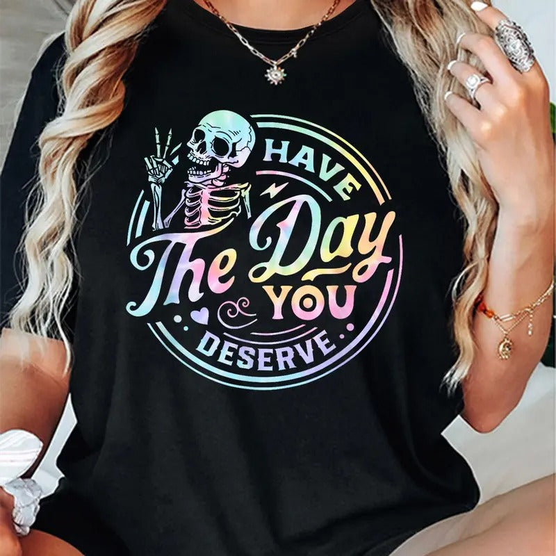 Women'WB shield Skeleton & Letter Print Round Neck Tee, Fashion Casual Short Sleeve T-shirt, Ladies Summer TNF for Daily...
