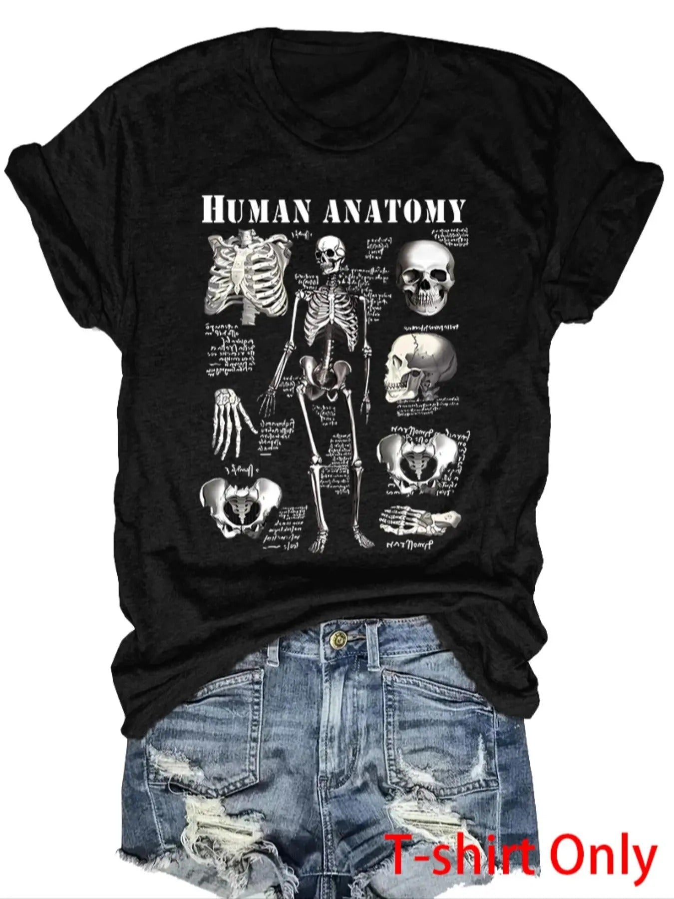 Women'WB shield Skeleton & Letter Print Round Neck Tee, Halloween Trendy Casual Short Sleeve Graphic T-Shirt for Daily...