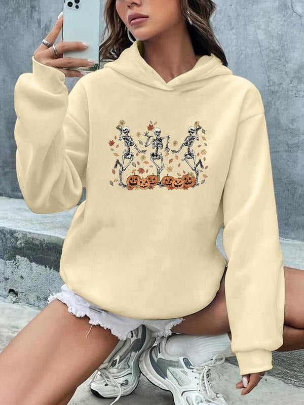 Women'WB shield Skeleton & Pumpkin Print Hoodie, Fashion Casual Halloween TNF Drop Shoulder Hooded Sweatshirt for Daily...