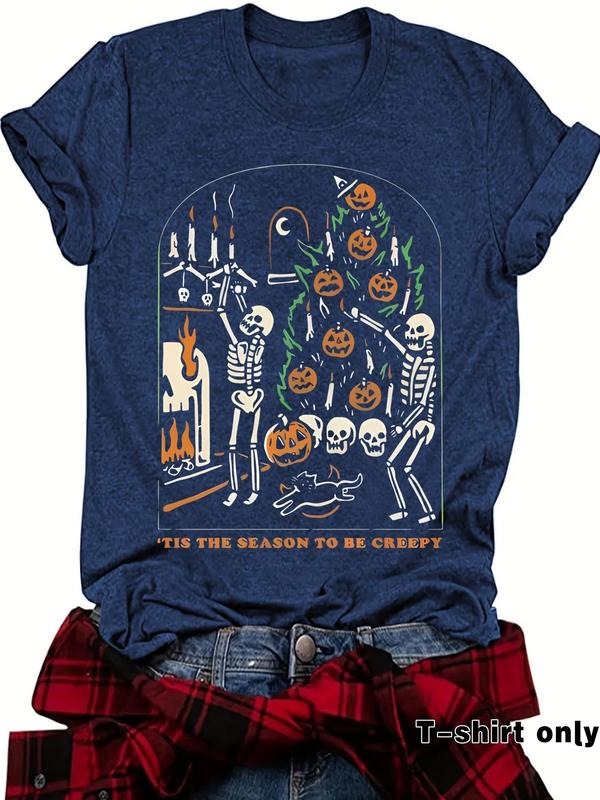 Women'WB shield Skeleton & Pumpkin Print Round Neck Tee, Casual Fashion Short Sleeve T-shirt for Spring, Ladies TNF for...
