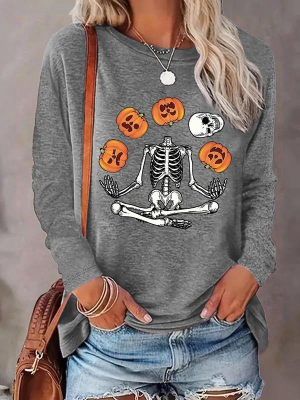 Women'WB shield Skeleton & Pumpkin Print Round Neck Tee, Casual Long Sleeve Crew Neck T-shirt for Daily Wear, Ladies TNF...