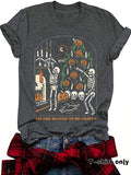 Women'WB shield Skeleton & Pumpkin Print Round Neck Tee, Fashion Casual Crew Neck T-Shirt for Daily Holiday Vacation...