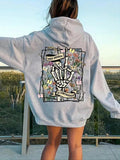 Women'WB shield Skeleton Hand & Floral Print Hoodie, Fashion Casual Long Sleeve Hooded Sweatshirt for Daily Holiday...