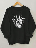 Women'WB shield Skeleton Hand & Floral Print Round Neck Sweatshirt, Casual Long Sleeve Crew Neck Pullover for Fall &...