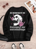 Women'WB shield Skeleton Hand & Letter Print Crew Neck Sweatshirt, Street Casual Drop Shoulder Long Sleeve Pullover,...