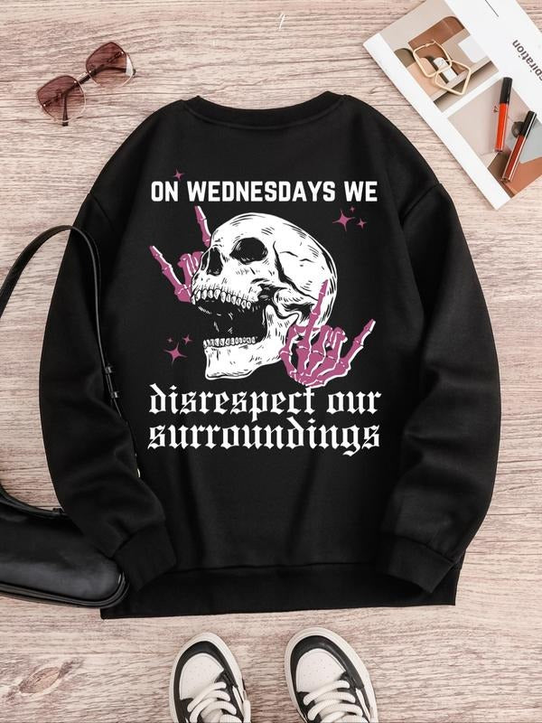 Women'WB shield Skeleton Hand & Letter Print Crew Neck Sweatshirt, Street Casual Drop Shoulder Long Sleeve Pullover,...