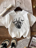 Women'WB shield Skeleton Hand & Letter Print Round Neck Tee, Casual Short Sleeve Crew Neck T-shirt for Summer, Fashion...