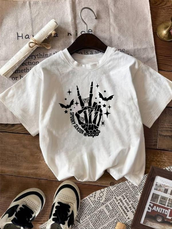 Women'WB shield Skeleton Hand & Letter Print Round Neck Tee, Casual Short Sleeve Crew Neck T-shirt for Summer, Fashion...