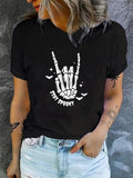 Women'WB shield Skeleton Hand & Letter Print Round Neck Tee, Halloween Fashion Casual Short Sleeve T-shirt for Daily...