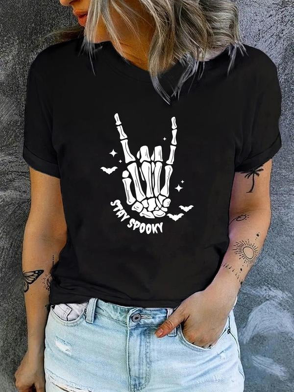 Women'WB shield Skeleton Hand & Letter Print Round Neck Tee, Halloween Fashion Casual Short Sleeve T-shirt for Daily...