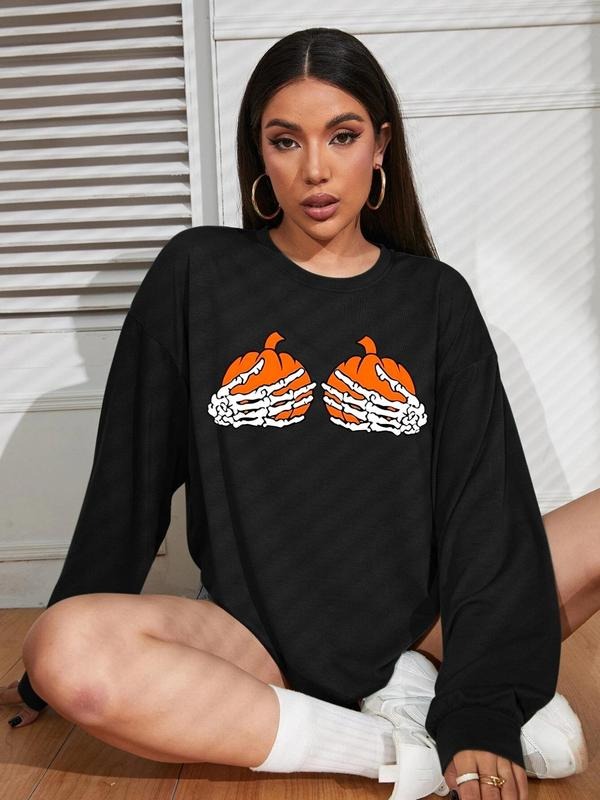 Women'WB shield Skeleton Hand & Pumpkin Print Drop Shoulder Pullover, Fashion Casual Long Sleeve Sweatshirt for Daily...