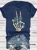 Women'WB shield Skeleton Hand & Ring Print Round Neck Tee, Fashion Casual Short Sleeve T-shirt for Daily Wear, Ladies...