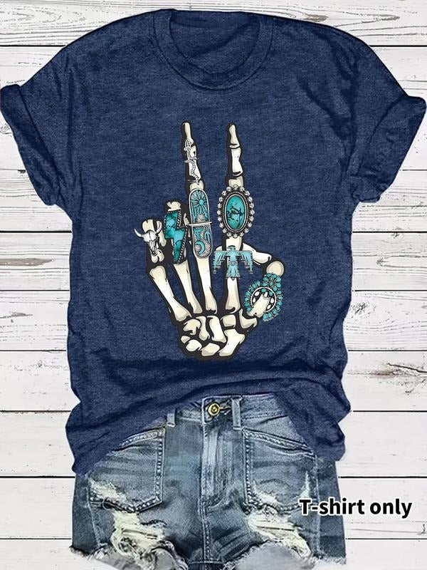 Women'WB shield Skeleton Hand & Ring Print Round Neck Tee, Fashion Casual Short Sleeve T-shirt for Daily Wear, Ladies...