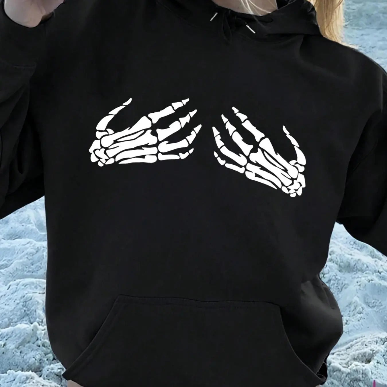 Women'WB shield Skeleton Hand Print Drop Shoulder TNF Lined Hoodie, Fashion Casual Drawstring Pocket Hooded Sweatshirt...