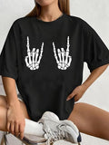 Women'WB shield Skeleton Hand Print Drop Shoulder Tee, Fashion Casual Crew Neck Half Sleeve T-Shirt for Daily Holiday...