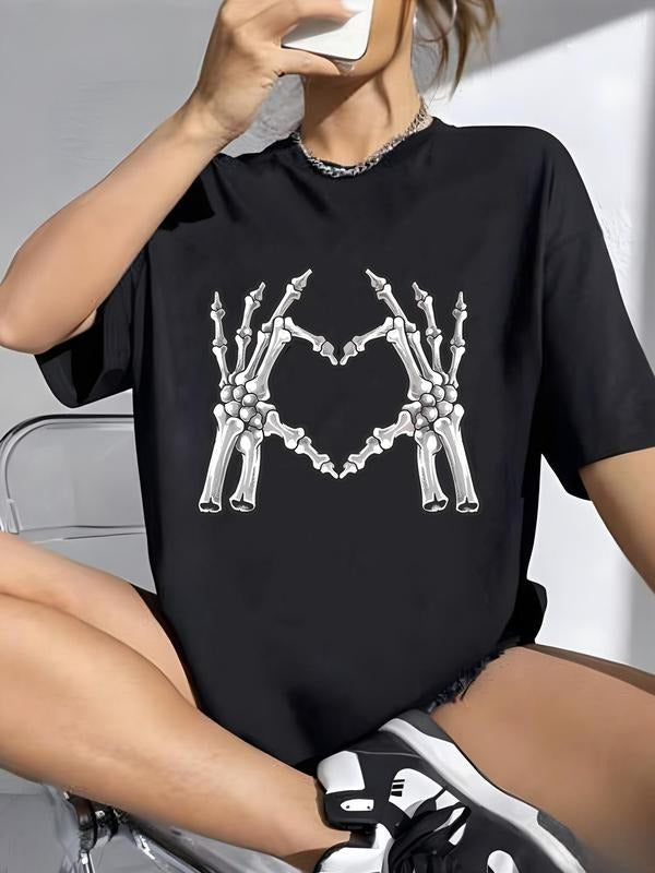 Women'WB shield Skeleton Hand Print Round Neck Half Sleeve Tee, Fashion Casual Crew Neck Drop Shoulder T-Shirt for Daily...