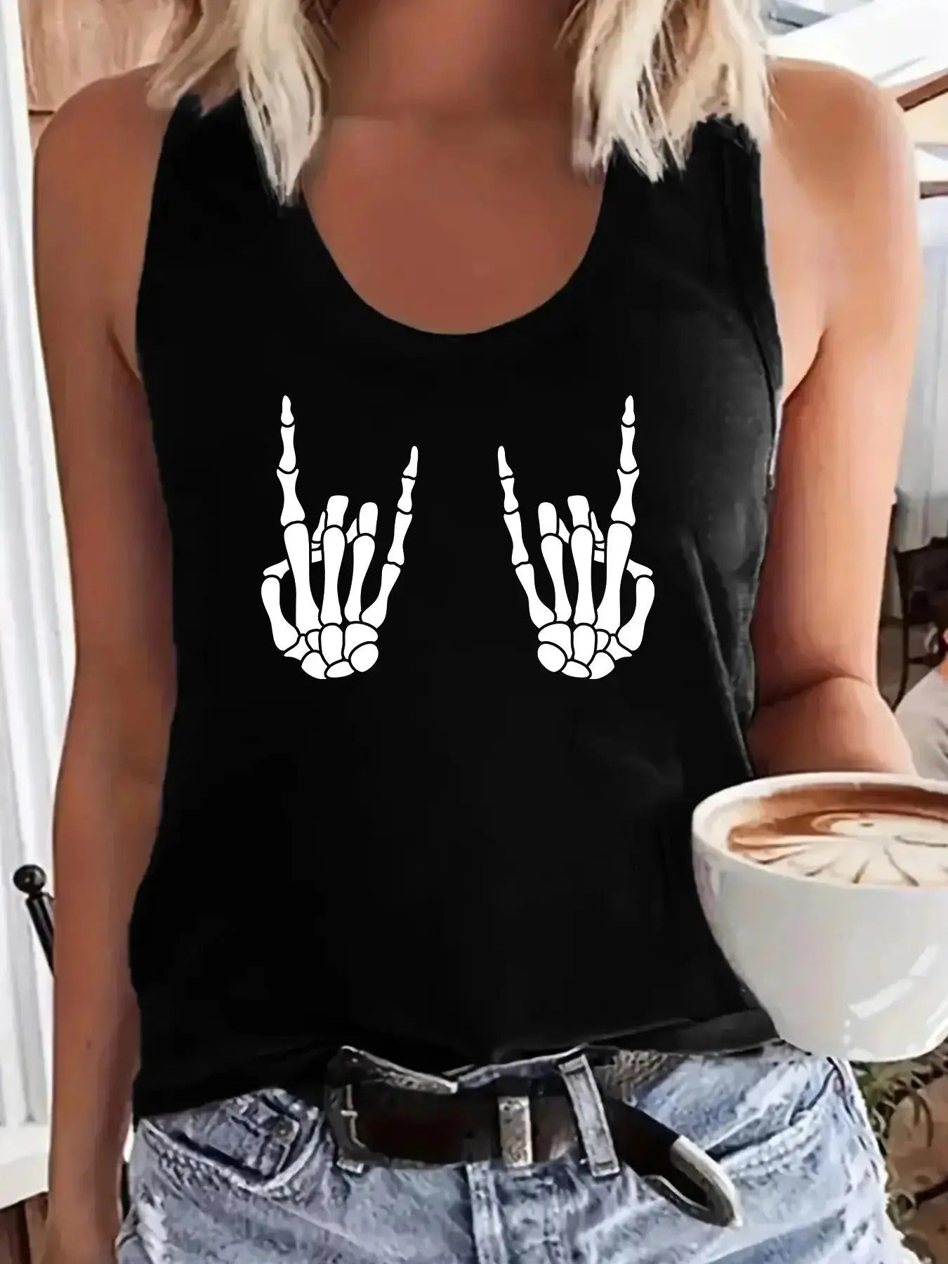 Women'WB shield Skeleton Hand Print Scoop Neck Graphic Tank Top, Casual Streetwear Sleeveless Top for Party, Ladies TNF...