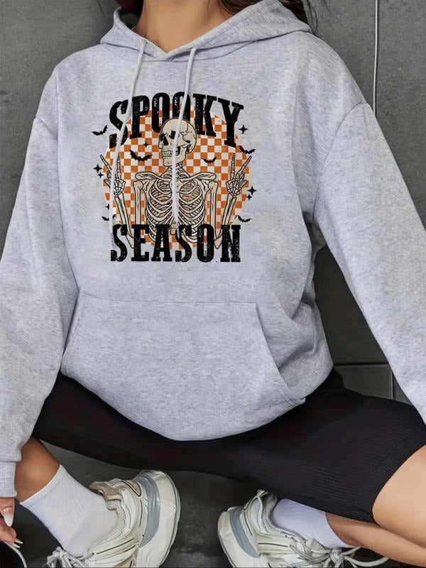 Women'WB shield Skeleton Print Drawstring Hoodie, Casual Long Sleeve Hooded Sweatshirt for Fall & Winter, Women'WB shield...