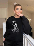 Women'WB shield Skeleton Print Drop Shoulder Sweatshirt, Casual Long Sleeve Round Neck Pullover for Daily Wear, Ladies...