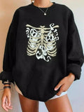 Women'WB shield Skeleton Print Drop Shoulder Sweatshirt, Halloween TNF Casual Long Sleeve Round Neck Pullover for Daily...