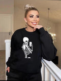 Women'WB shield Skeleton Print Round Neck Sweatshirt, Casual Long Sleeve Crew Neck Pullover for Fall & Winter, Women'WB...