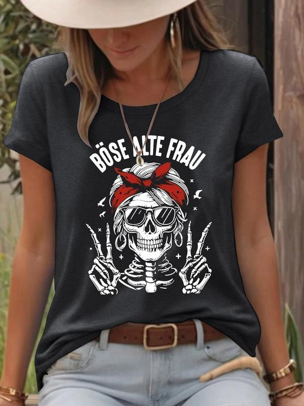 Women'WB shield Skeleton Print Round Neck Tee, Fashion Casual Crew Neck T-Shirt for Daily Holiday Vacation Outdoor Wear,...