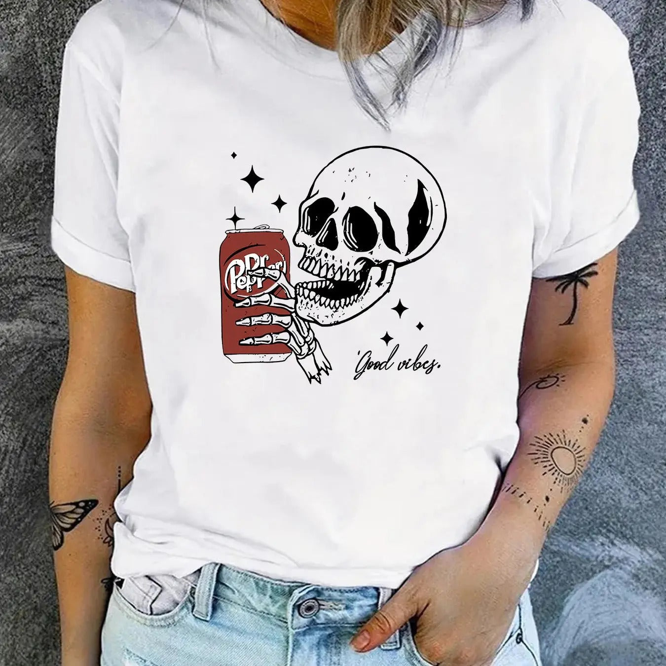 Women'WB shield Skeleton Print Round Neck Tee, Fashion Casual Halloween TNF Crew Neck Short Sleeve T-shirt for Daily...
