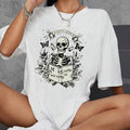 Women'WB shield Skull & Book Print Round Neck Half Sleeve Tee, Fashion Casual Crew Neck Drop Shoulder T-shirt for Daily...