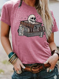 Women'WB shield Skull & Book Print Round Neck Tee, Fashion Casual Short Sleeve T-shirt for Daily Wear, Ladies Summer TNF,...