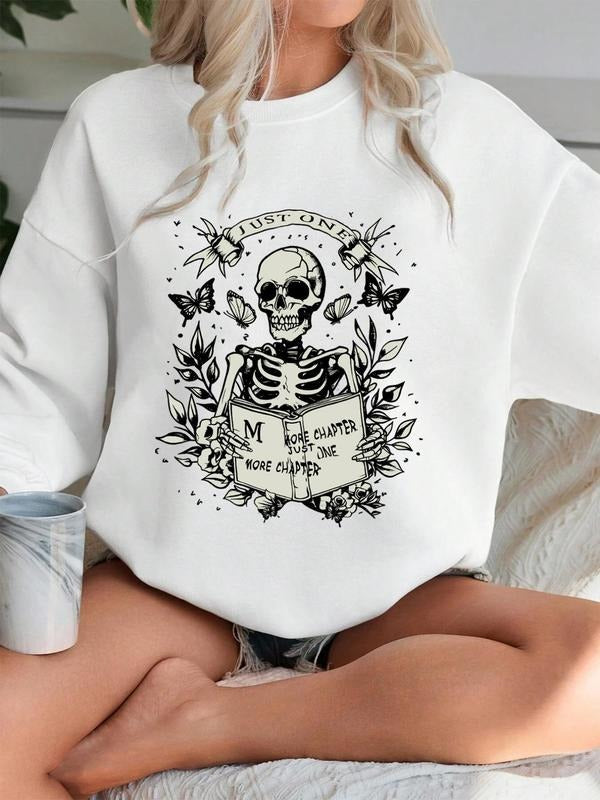 Women'WB shield Skull & Butterfly & Letter Print Drop Shoulder Sweatshirt, Casual Long Sleeve Round Neck Pullover for...