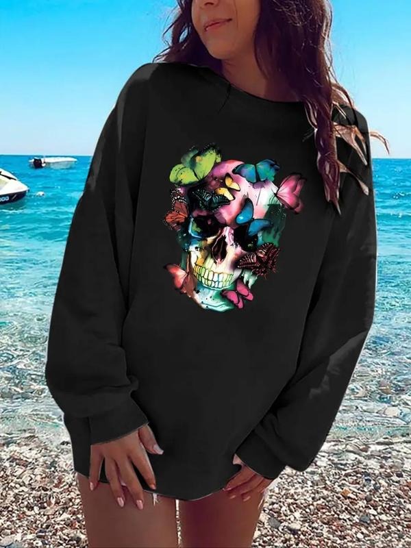 Women'WB shield Skull & Butterfly Print Drop Shoulder Fleece Pullover, Fashion Casual Crew Neck Sweatshirt for Daily...