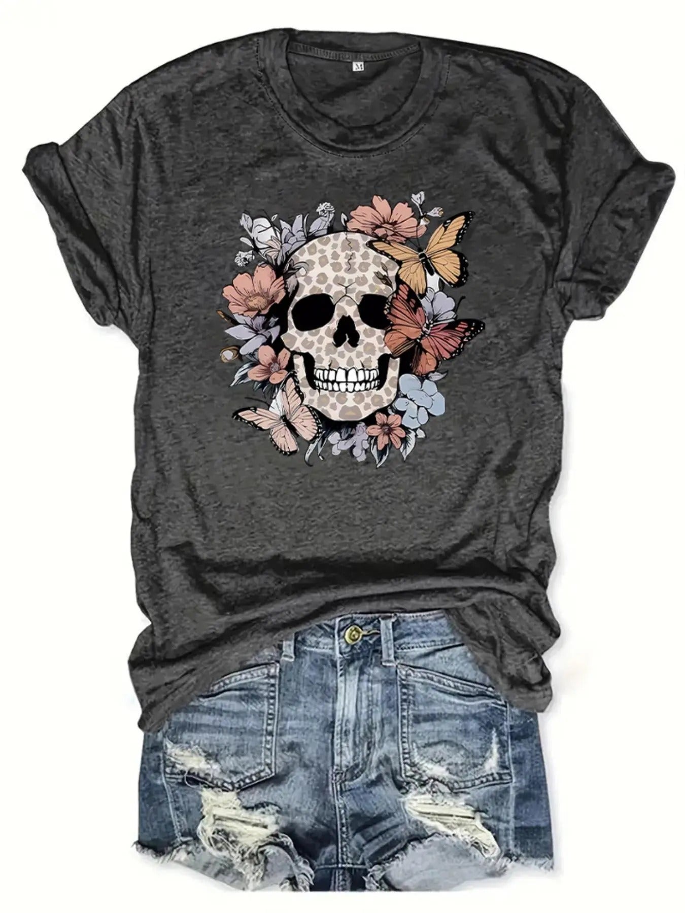 Women'WB shield Skull & Butterfly Print Round Neck Tee, Trendy Casual Short Sleeve T-shirt for Daily Wear, Ladies Summer...
