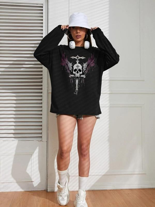 Women'WB shield Skull & Cross Print Crew Neck Sweatshirt, Casual Drop Shoulder Long Sleeve Pullover, Women'WB shield Fall...