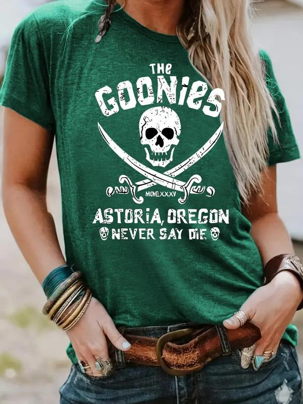 Women'WB shield Skull & Cross Swords Print Round Neck Tee, Vintage Trendy Casual Short Sleeve T-shirt for Daily Wear,...