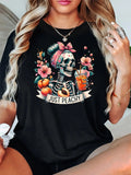 Women'WB shield Skull & Floral Print Drop Shoulder Tee, Halloween TNF Casual Short Sleeve Round Neck T-Shirt for Summer,...