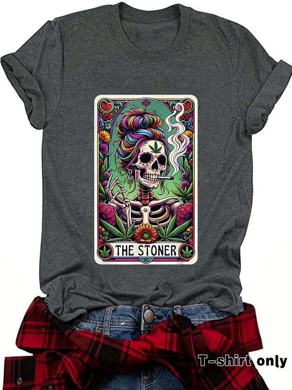 Women'WB shield Skull & Floral Print Round Neck Graphic Tee, Vintage Trendy Casual Short Sleeve T-shirt for Daily Wear,...