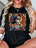 Women'WB shield Skull & Floral Print Round Neck Tee, Fashion Casual Short Sleeve T-shirt for Daily Wear, Ladies Summer...