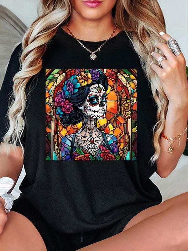 Women'WB shield Skull & Floral Print Round Neck Tee, Fashion Casual Short Sleeve T-shirt for Daily Wear, Ladies Summer...