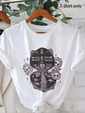 Women'WB shield Skull & Floral Print Round Neck Tee, Trendy Casual Crew Neck Short Sleeve T-shirt For Daily Wear, Ladies...