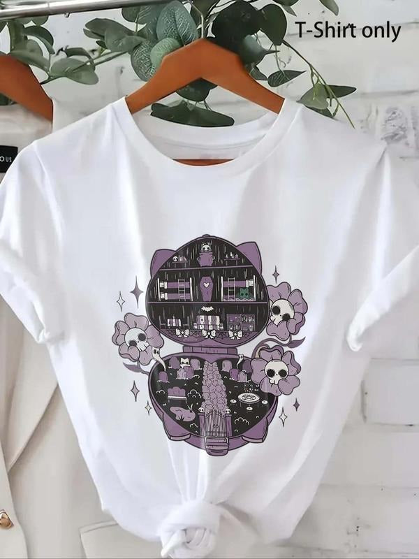 Women'WB shield Skull & Floral Print Round Neck Tee, Trendy Casual Crew Neck Short Sleeve T-shirt For Daily Wear, Ladies...
