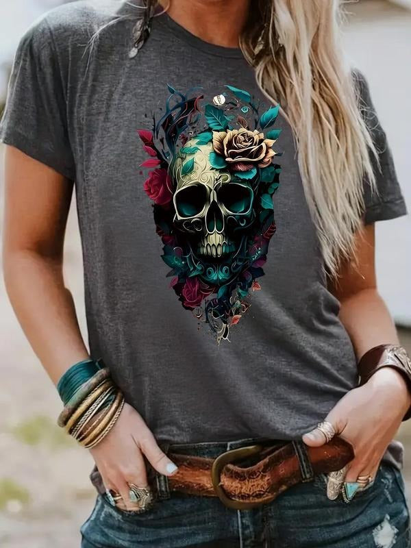 Women'WB shield Skull & Floral Print Round Neck Tee, Vintage Trendy Casual Short Sleeve T-shirt for Daily Wear, Ladies...