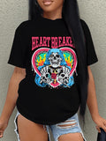 Women'WB shield Skull & Heart Print Drop Shoulder Tee, Fashion Casual Crew Neck Halloween T-Shirt for Daily Holiday...