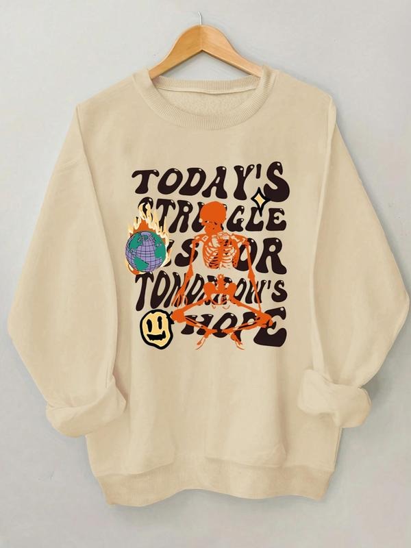 Women'WB shield Skull & Letter Graphic Drop Shoulder Sweatshirt, Casual Long Sleeve Round Neck Pullover for Daily Wear,...